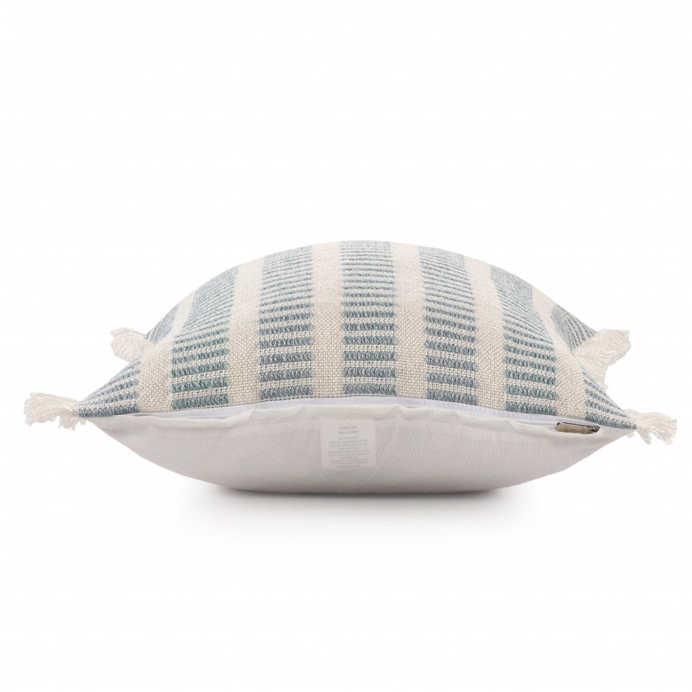 20" Blue And Ivory Striped Throw Pillow