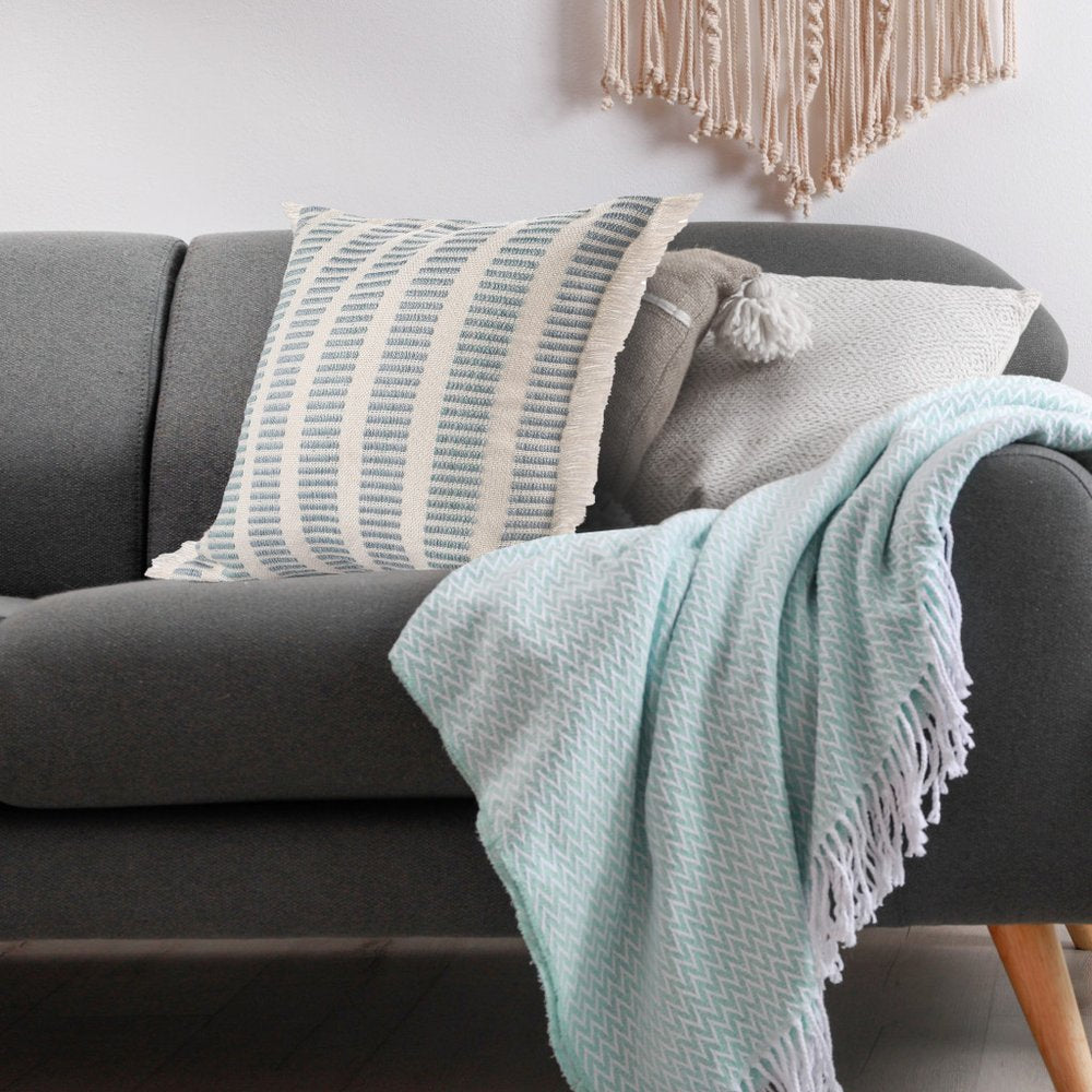 20" Blue And Ivory Striped Throw Pillow