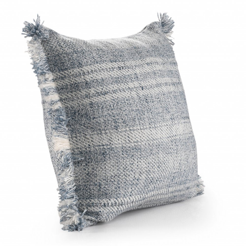 20" Denim Blue And Ivory Fabric Striped Throw Pillow