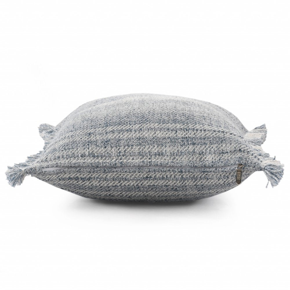 20" Denim Blue And Ivory Fabric Striped Throw Pillow