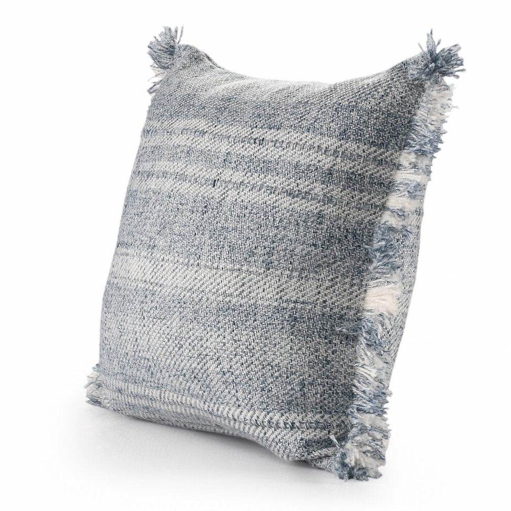 20" Denim Blue And Ivory Fabric Striped Throw Pillow