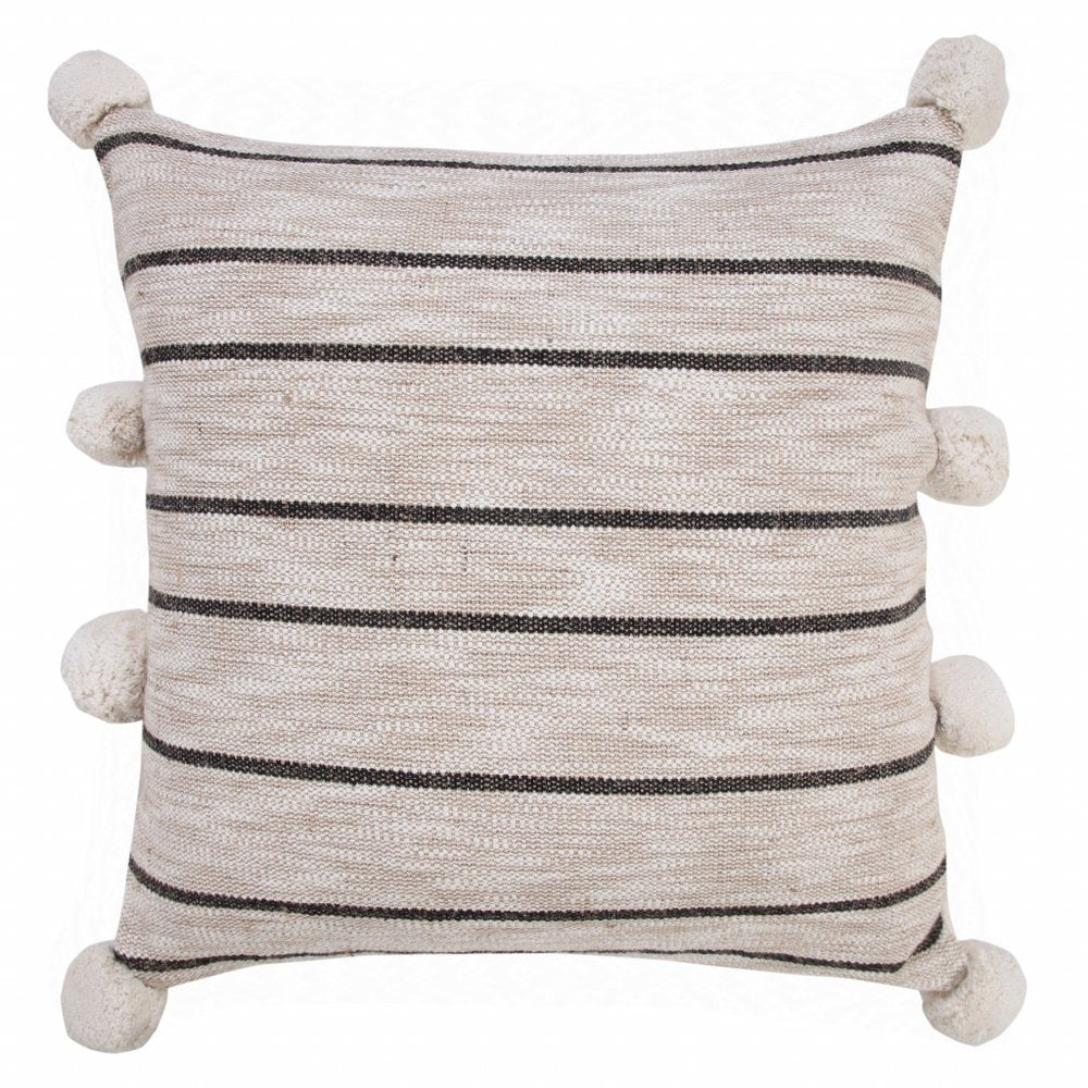 20" Beige And Black Jute Striped Throw Pillow with Pompoms
