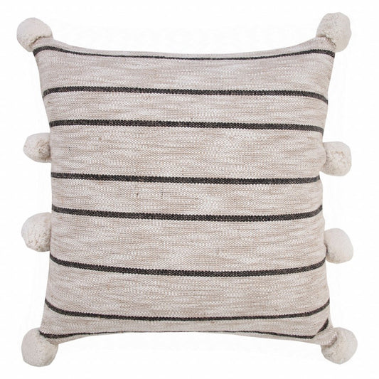 20" Beige And Black Jute Striped Throw Pillow with Pompoms