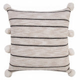 20" Beige And Black Jute Striped Throw Pillow with Pompoms