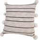 20" Beige And Black Jute Striped Throw Pillow with Pompoms
