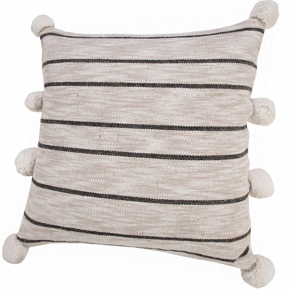 20" Beige And Black Jute Striped Throw Pillow with Pompoms