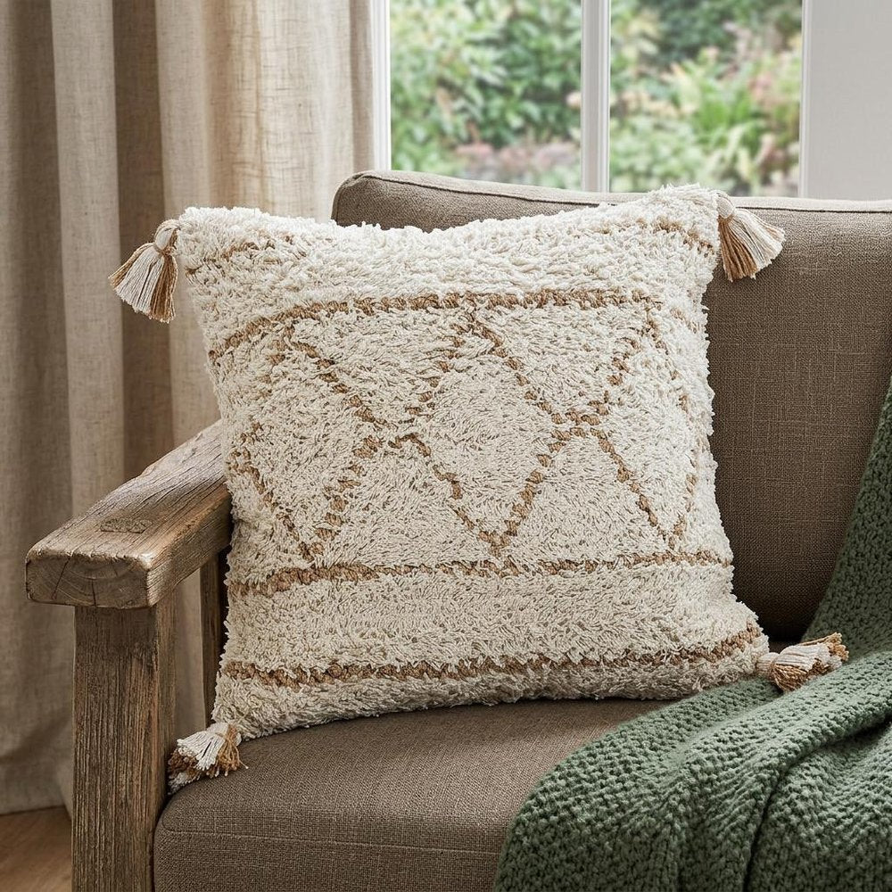 14" X 36" White And Tan 100% Cotton Geometric Zippered Pillow