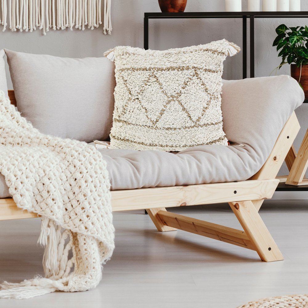 20" X 20" White And Tan 100% Cotton Geometric Zippered Pillow