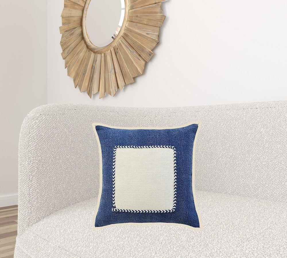 20" X 20" Navy And Cream 100% Cotton Zippered Pillow