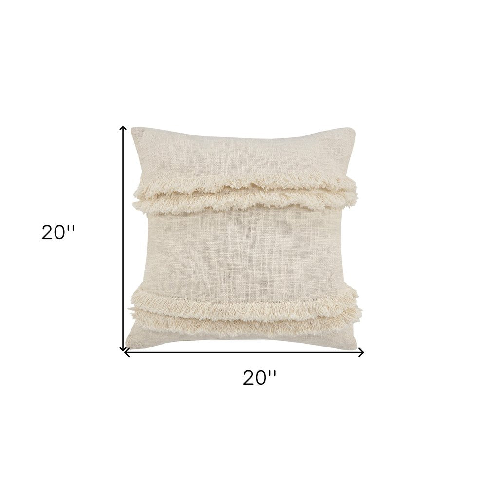 20" Cream Cotton Throw Pillow with Fringe