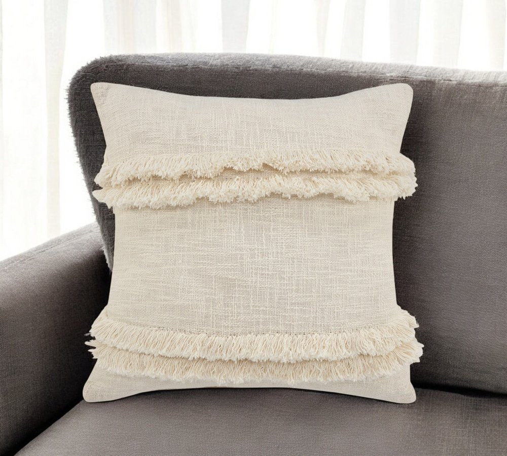 20" Cream Cotton Throw Pillow with Fringe