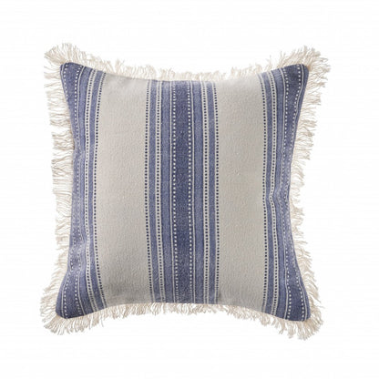 18" Navy Blue And Ivory Cotton Coastal Throw Pillow with Fringe