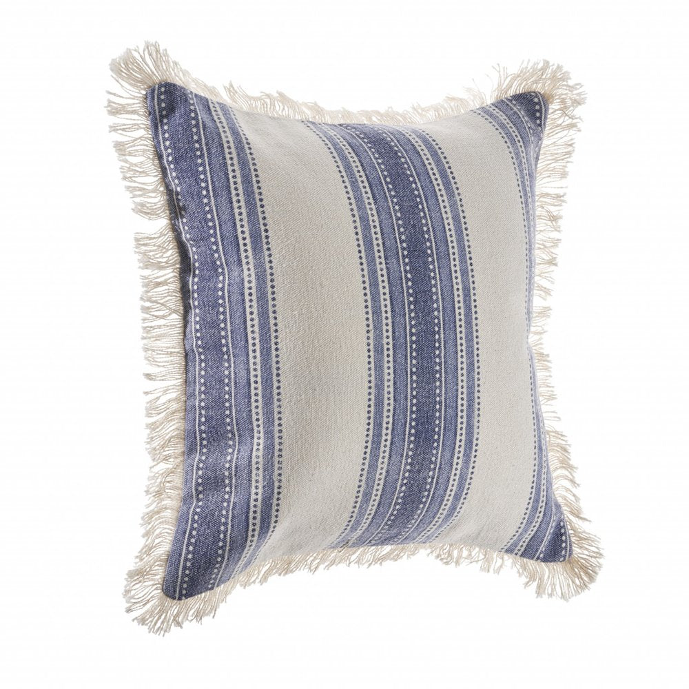 18" Navy Blue And Ivory Cotton Coastal Throw Pillow with Fringe