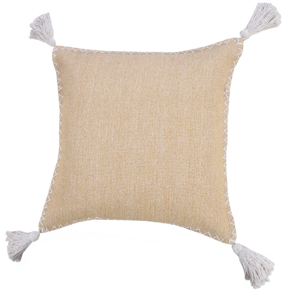 20" Brown and White Throw Pillow with Embroidery and Tassels
