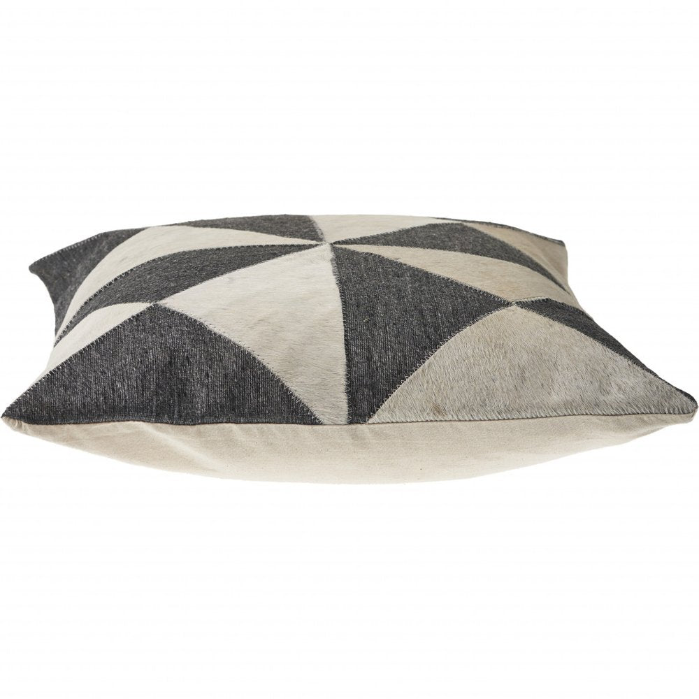20" Charcoal and Ivory Geometric Wool And Faux Leather Throw Pillow