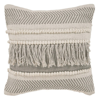 20" Beige and Ivory Throw Pillow with Fringe