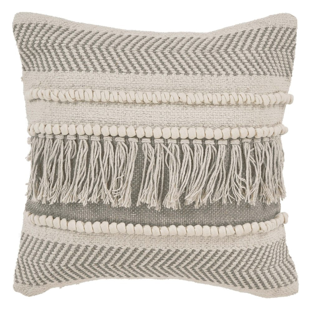 20" Beige and Ivory Throw Pillow with Fringe