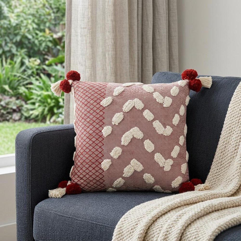 20" Black Gray And Cream Cotton Geometric Throw Pillow with Pompoms