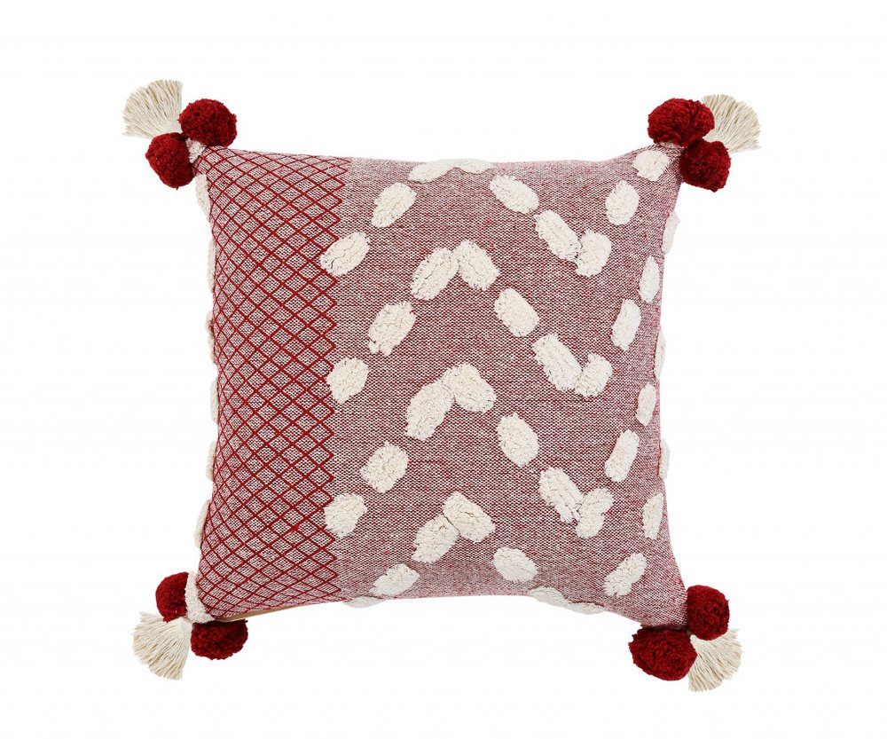 20" Black Gray And Cream Cotton Geometric Throw Pillow with Pompoms