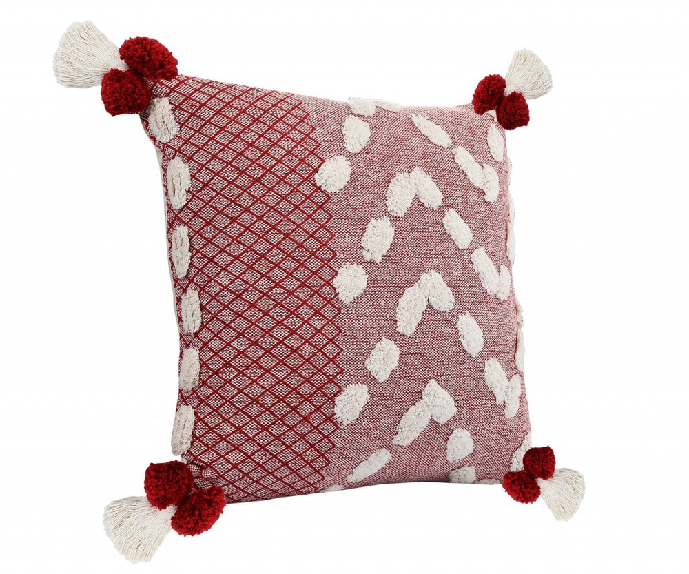 20" Black Gray And Cream Cotton Geometric Throw Pillow with Pompoms
