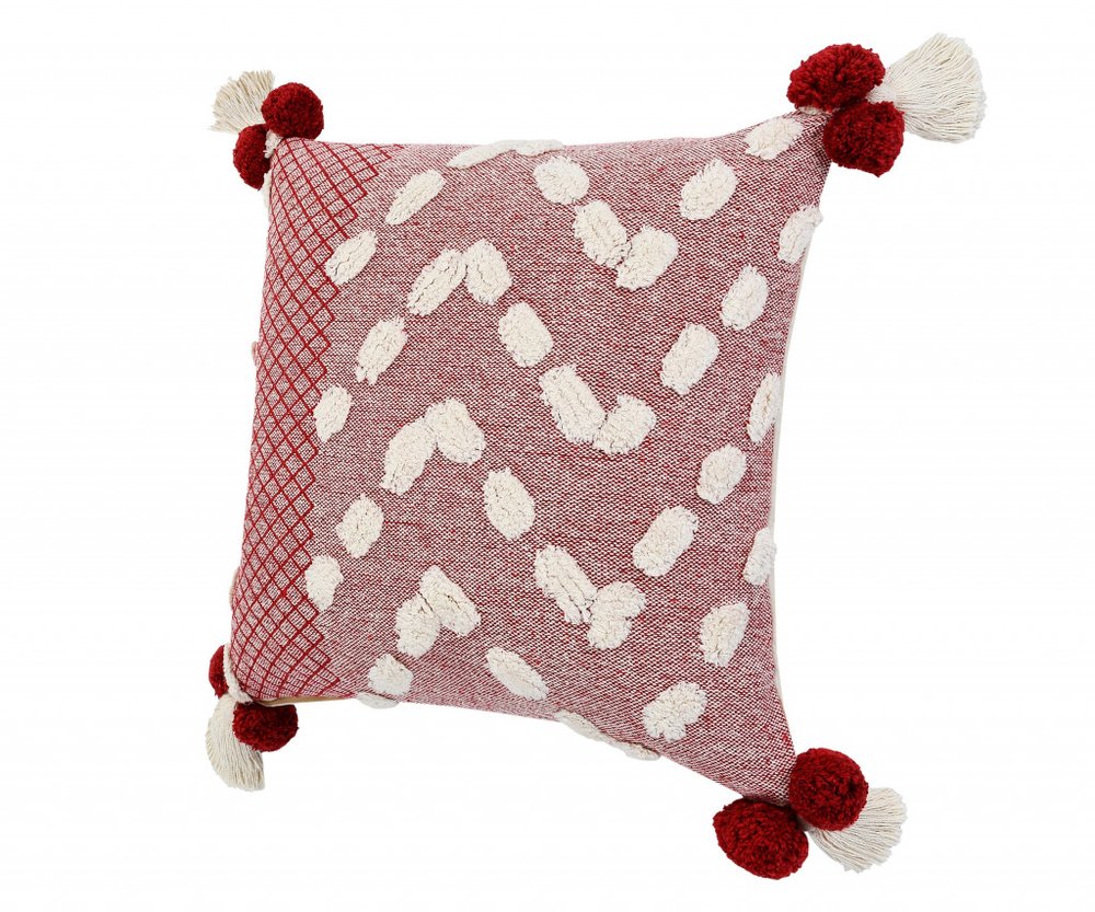 20" Black Gray And Cream Cotton Geometric Throw Pillow with Pompoms