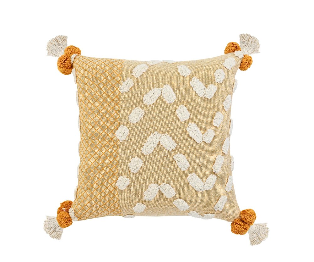 20" Black Gray And Cream Cotton Geometric Throw Pillow with Pompoms