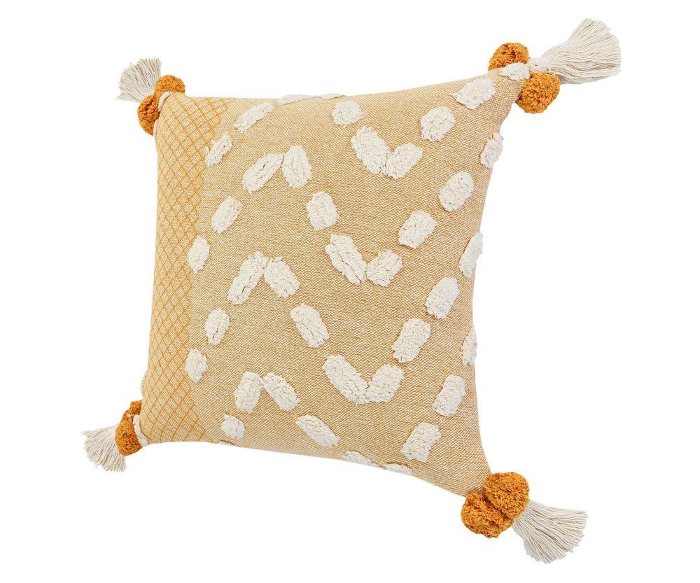 20" Black Gray And Cream Cotton Geometric Throw Pillow with Pompoms