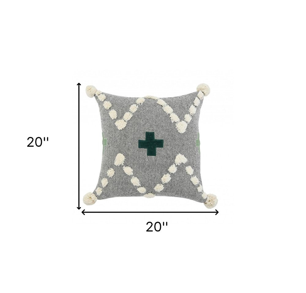 20" X 20" Black Off-White And Green 100% Cotton Geometric Zippered Pillow