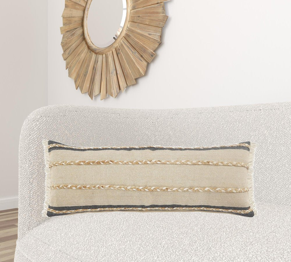 24" Black And Tan Striped Cotton And Jute Throw Pillow With Fringe