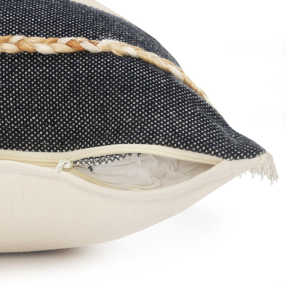 24" Black And Tan Striped Cotton And Jute Throw Pillow With Fringe