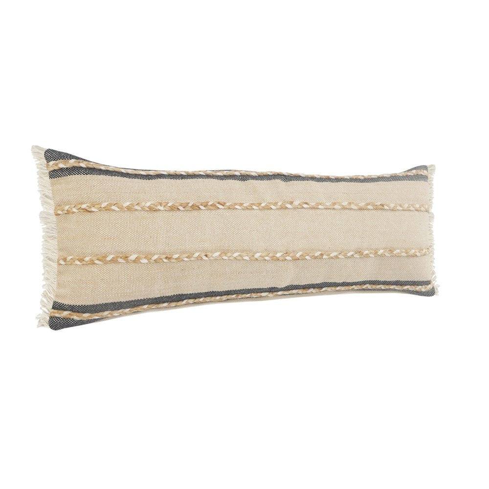 24" Black And Tan Striped Cotton And Jute Throw Pillow With Fringe