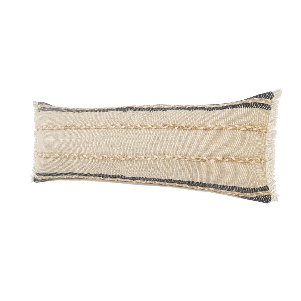 24" Black And Tan Striped Cotton And Jute Throw Pillow With Fringe