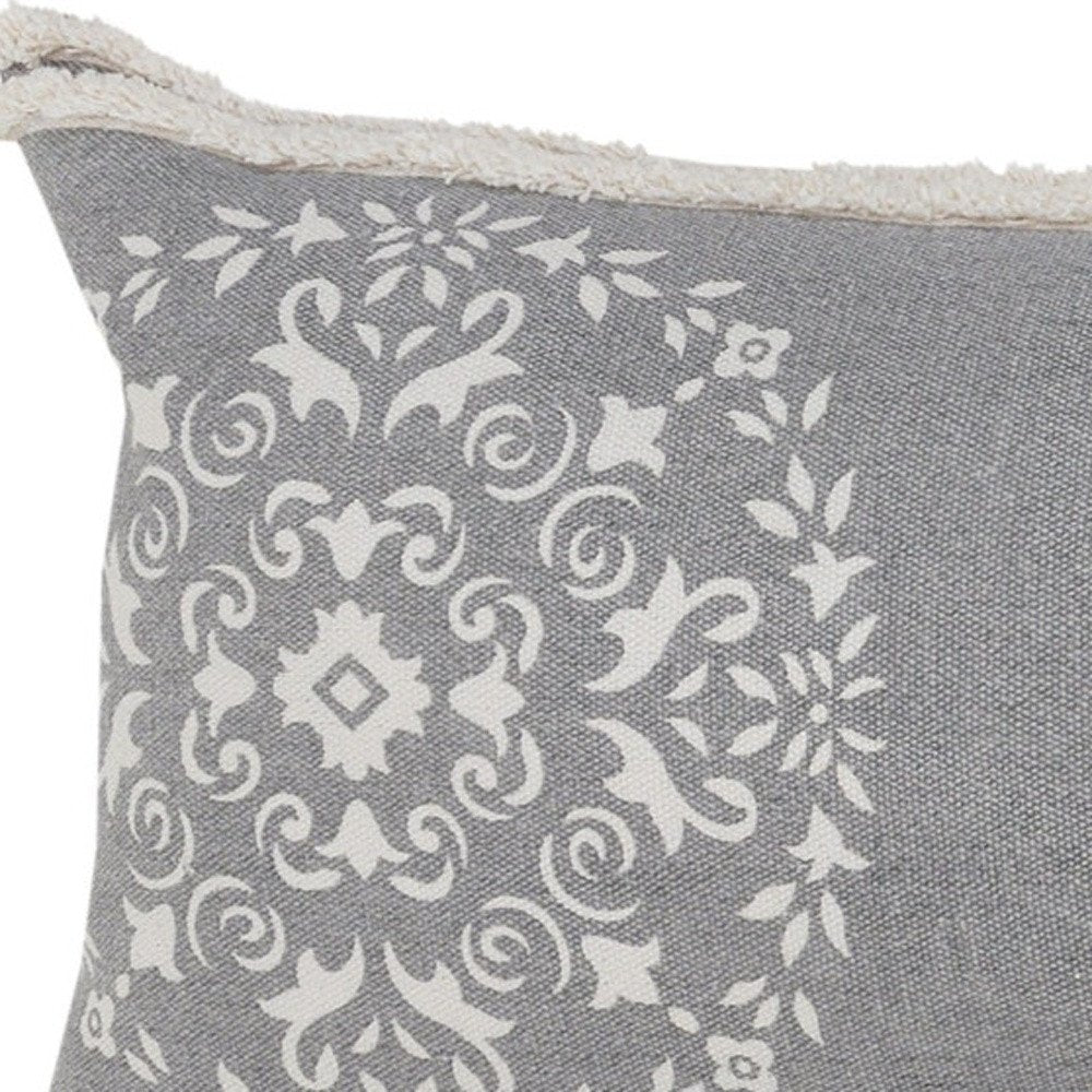 14" X 36" Gray And White Cotton Medallion Throw Pillow