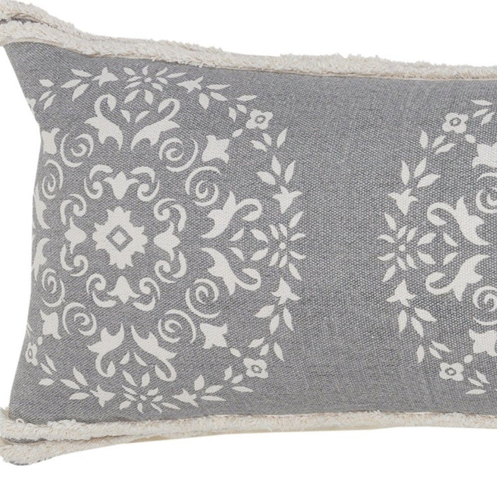14" X 36" Gray And White Cotton Medallion Throw Pillow