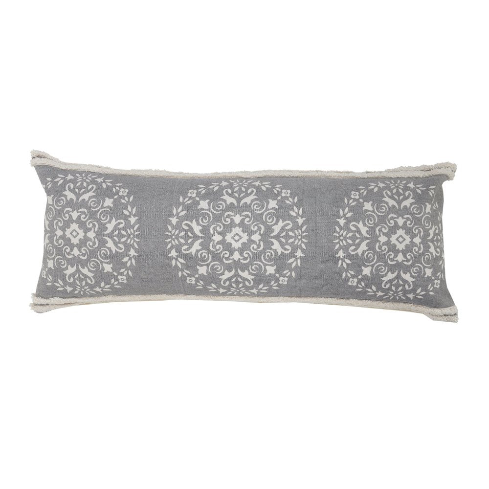 14" X 36" Gray And White Cotton Medallion Throw Pillow