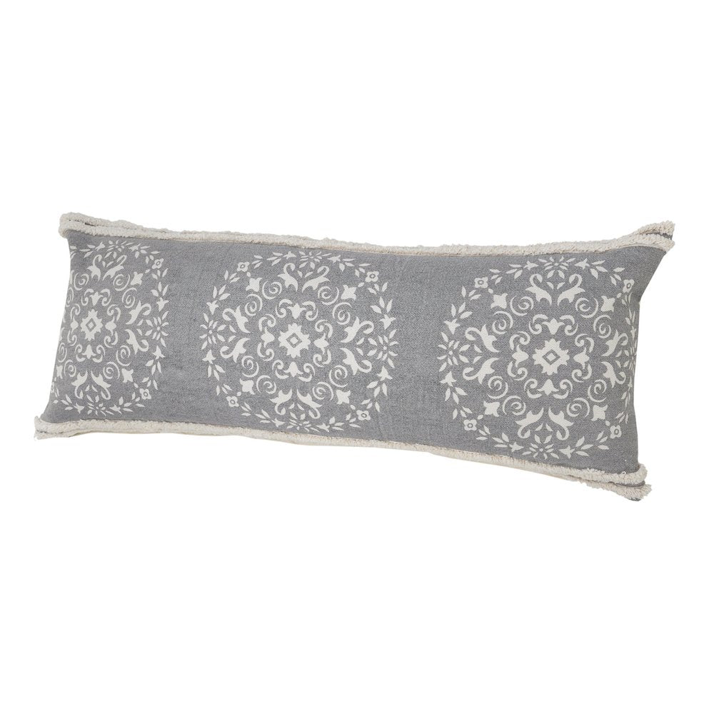 14" X 36" Gray And White Cotton Medallion Throw Pillow