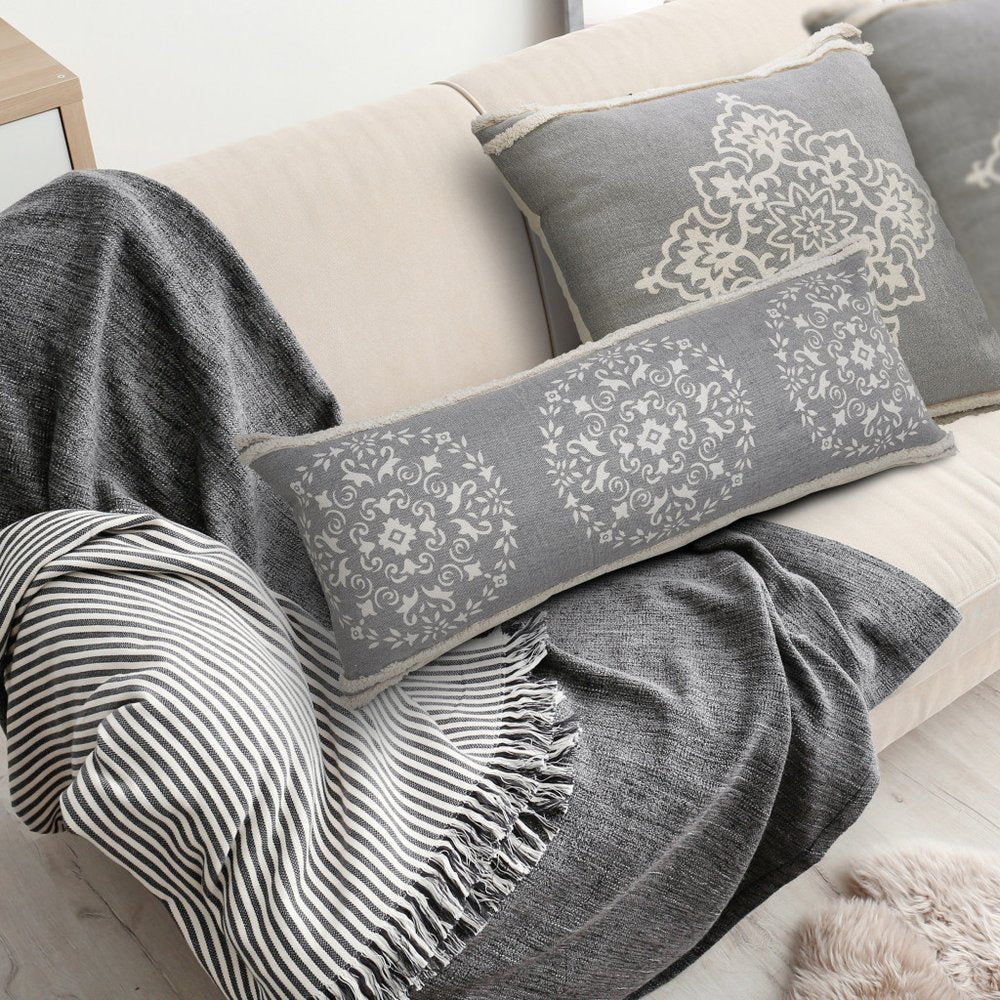 14" X 36" Gray And White Cotton Medallion Throw Pillow