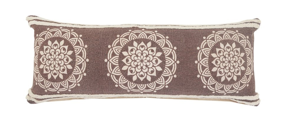 20" Brown And White Floral Medallion Cotton Throw Pillow