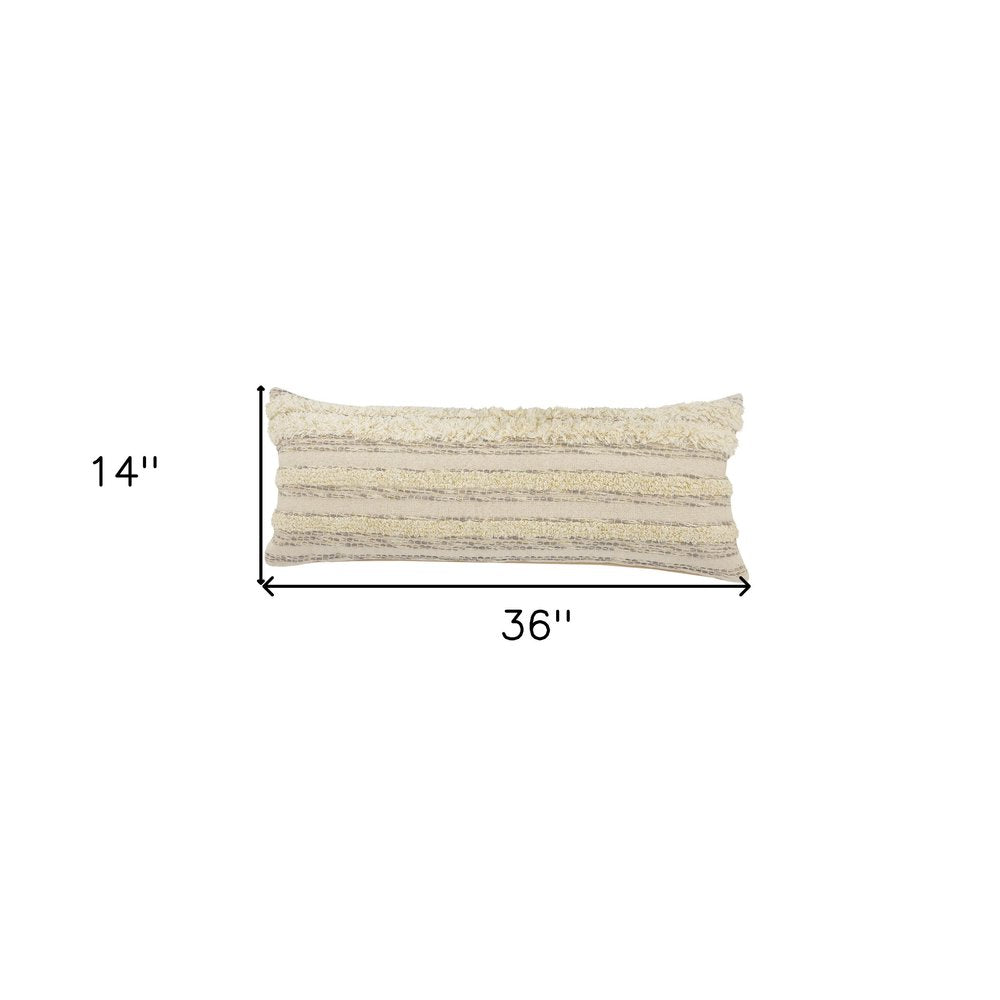 20" Cream Gray And Tan Cotton Striped Throw Pillow