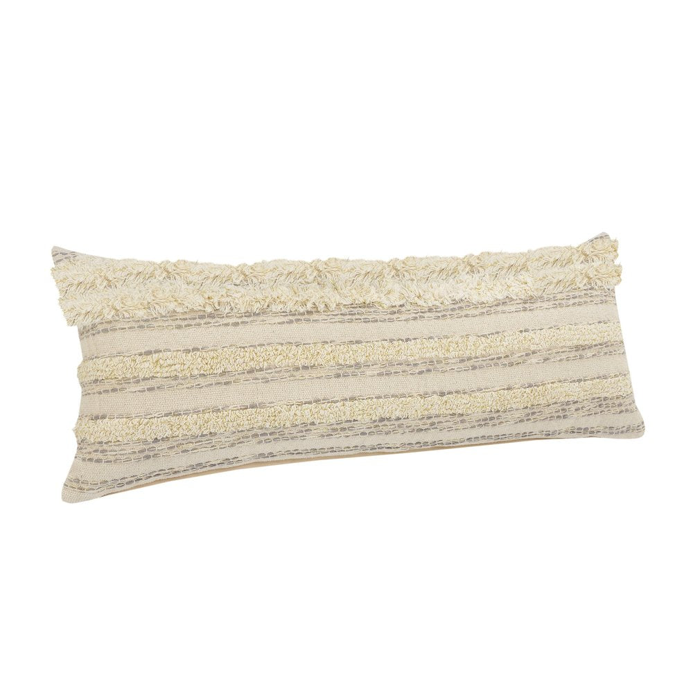 20" Cream Gray And Tan Cotton Striped Throw Pillow