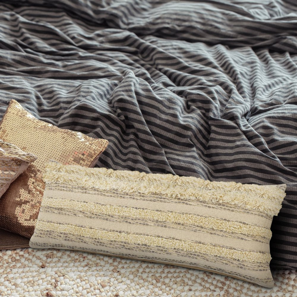 20" Cream Gray And Tan Cotton Striped Throw Pillow