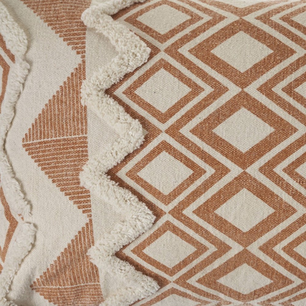 14" X 36" Orange And Cream Cotton Geometric Throw Pillow