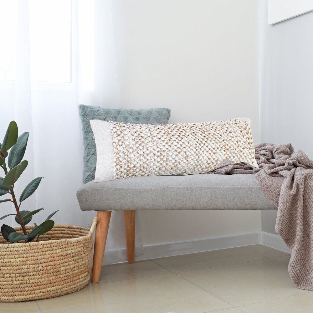 14" X 36" Tan And White Cotton Abstract Throw Pillow