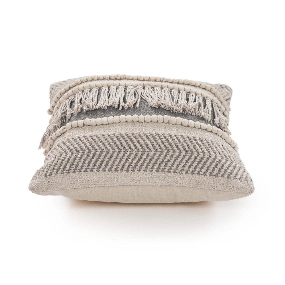 20" Beige and Ivory Throw Pillow with Fringe