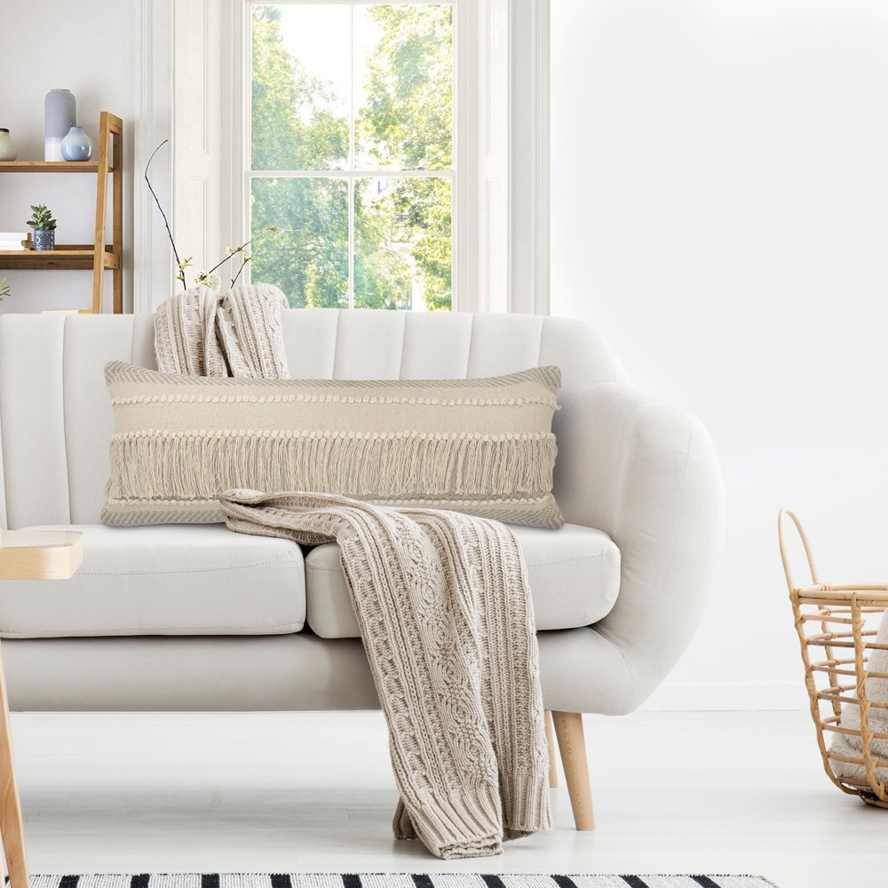 20" Beige and Ivory Throw Pillow with Fringe