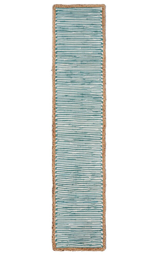 80" Aqua Off White And Natural Striped Cotton And Jute Table Runner