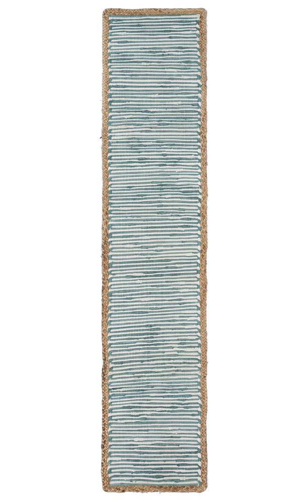 80" Aqua Off White And Natural Striped Cotton And Jute Table Runner