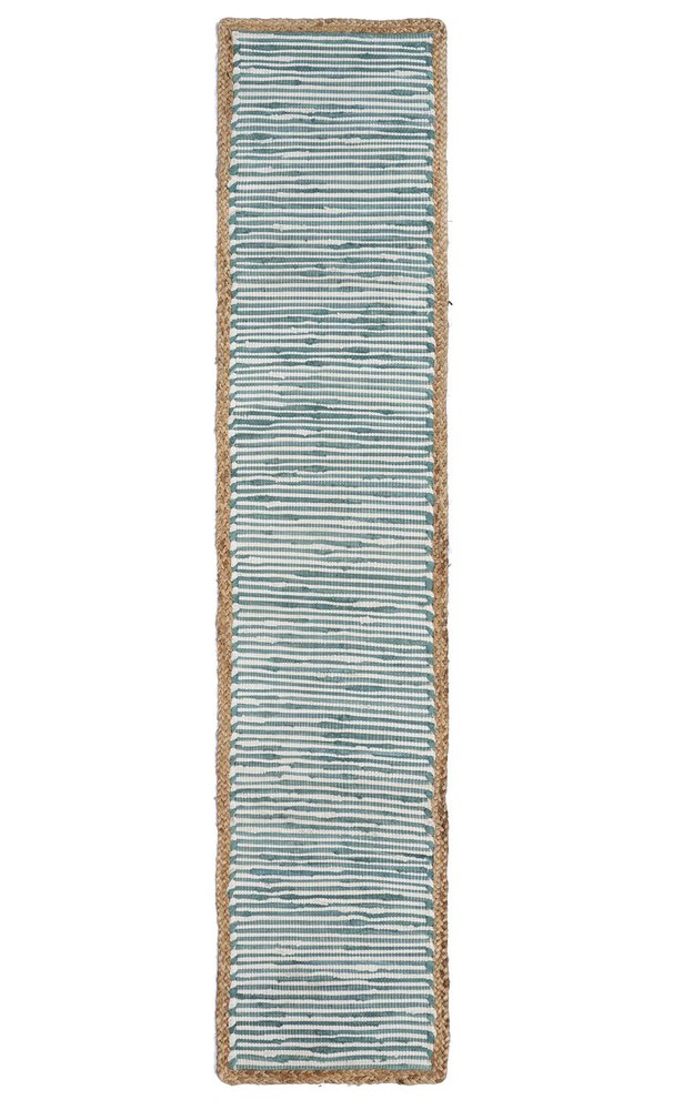 80" Aqua Off White And Natural Striped Cotton And Jute Table Runner