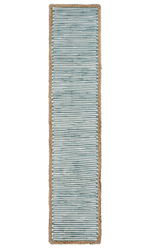 80" Aqua Off White And Natural Striped Cotton And Jute Table Runner