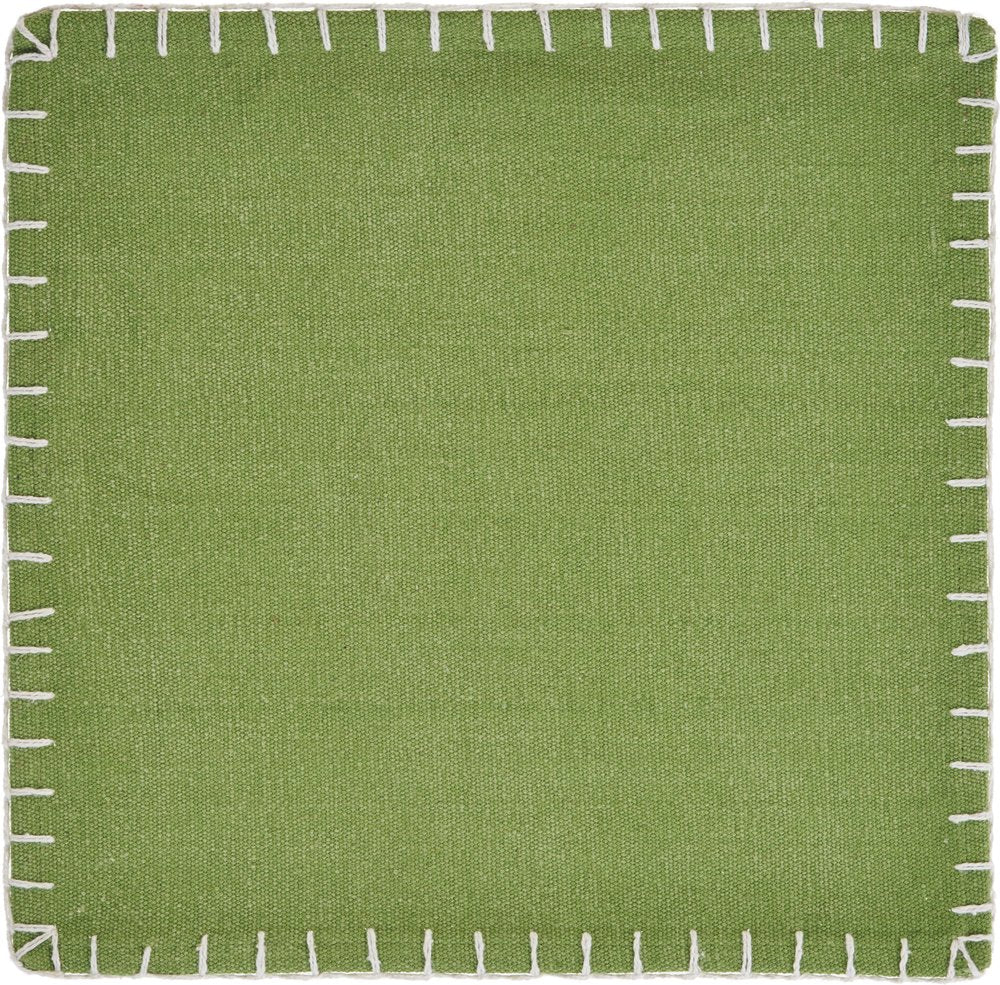 15" Set of Four Natural And Olive Green Embroidered Edge Cotton Square Placemats
